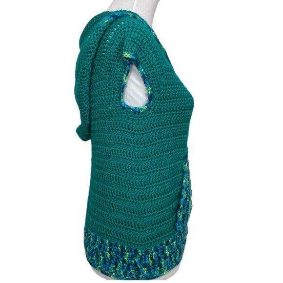 Handmade Women's New Green Crochet Hooded Cap Sleeve Knit Sweater S/C35 - Picture 3 of 5